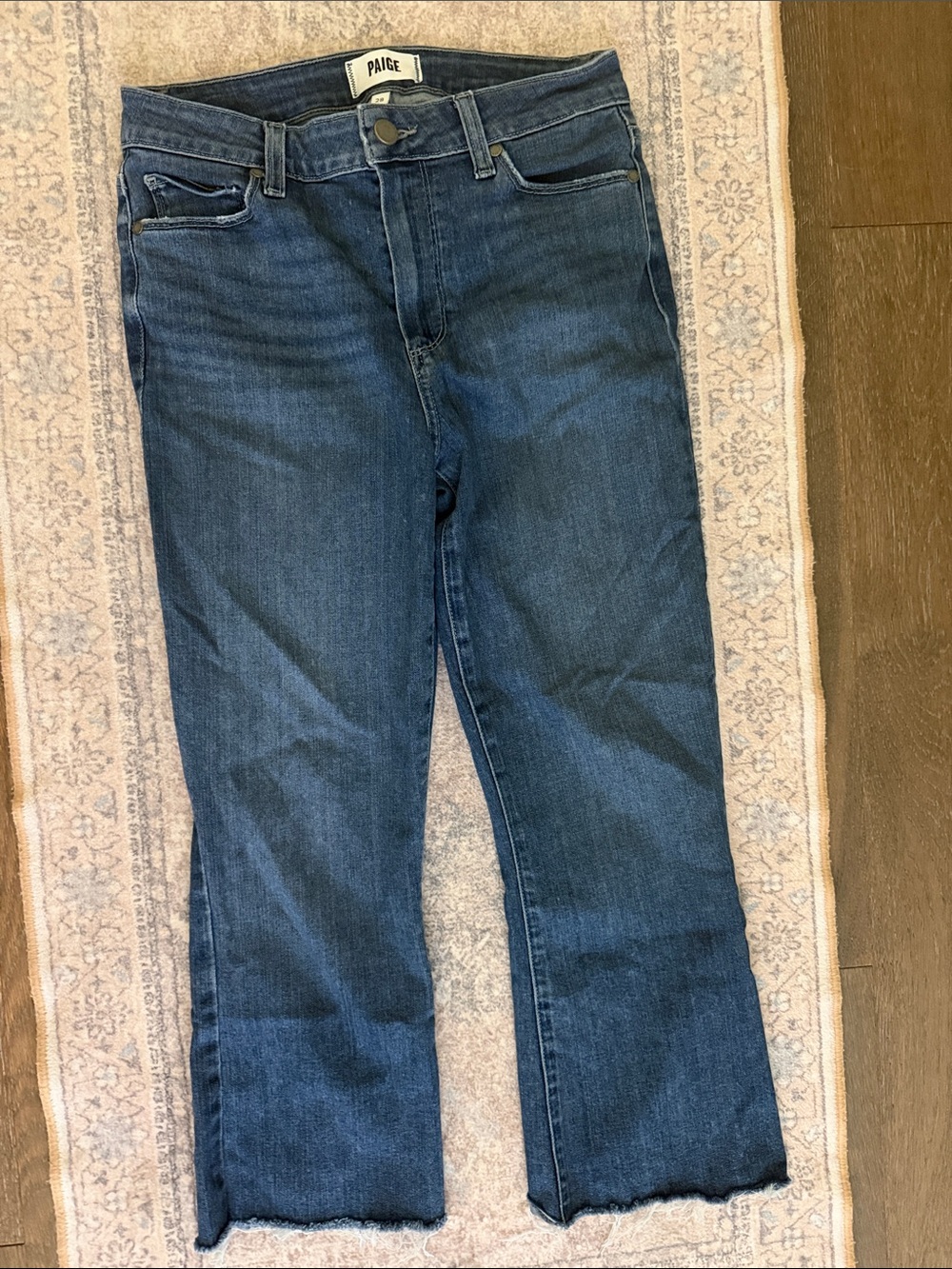 PAIGE Mid to Dark Blue Straight Crop Jeans